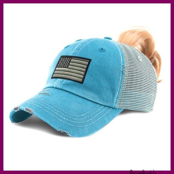 Cotton Baseball Cap with Ponytail Hole, Adjustable Closure, Patriotic Embroidery